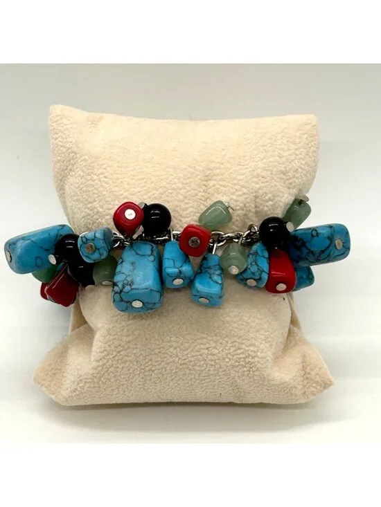 Disney Mickey Mouse Sterling Silver Tone Turquoise Coral & Black Stones Charm Br - Picture 3 of 10